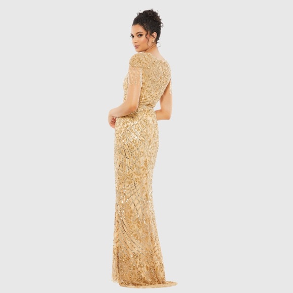 NWT Mac Duggal Women's Gold Embellished Fringe Cap Sleeve Trumpet Gown Size 6 - Picture 3 of 8